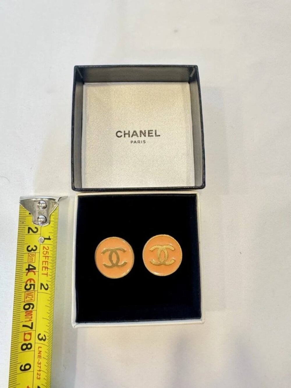 Authentic CHANEL Vintage CC Logo Salmon Pink & Gold Round Clip-On Earrings w/Box
